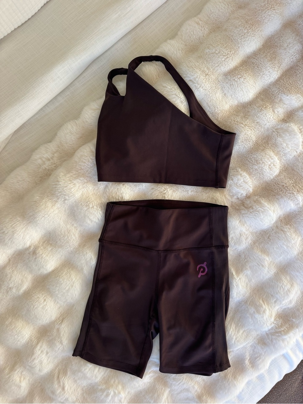 Peloton Dark Brown Asymmetric Sports Bra and High-Rise Bike Shorts